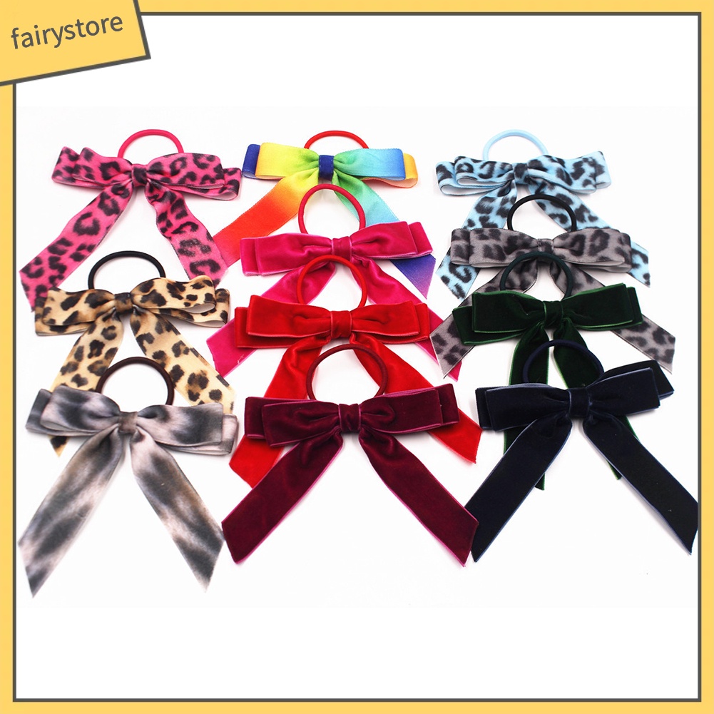 Dây Buộc Tóc Co Giãn Đính Nơ Họa Tiết Da Báo Ngọt Ngào Cho Bé Gái