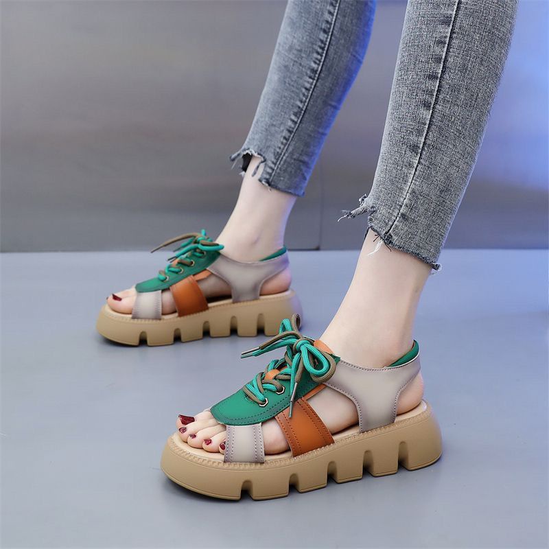 Giày Sandal Da Đế Dày Mũi Tròn Thời Trang Mùa Hè 2023 Dành Cho Nữ