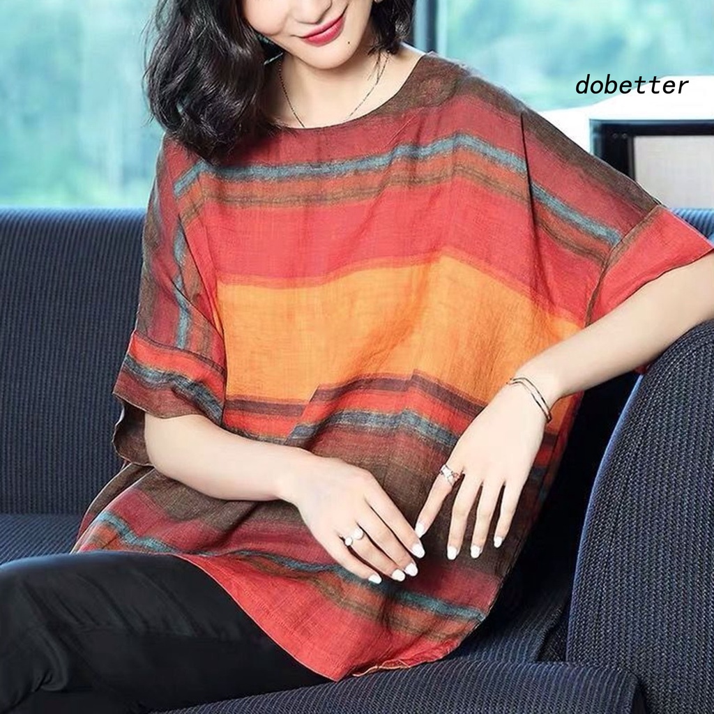 Áo Thun Tay Ngắn Cổ Tròn Dáng Rộng Họa Tiết Kẻ Sọc Màu Khối Thời Trang Mùa Hè Xinh Xắn Cho Nữ