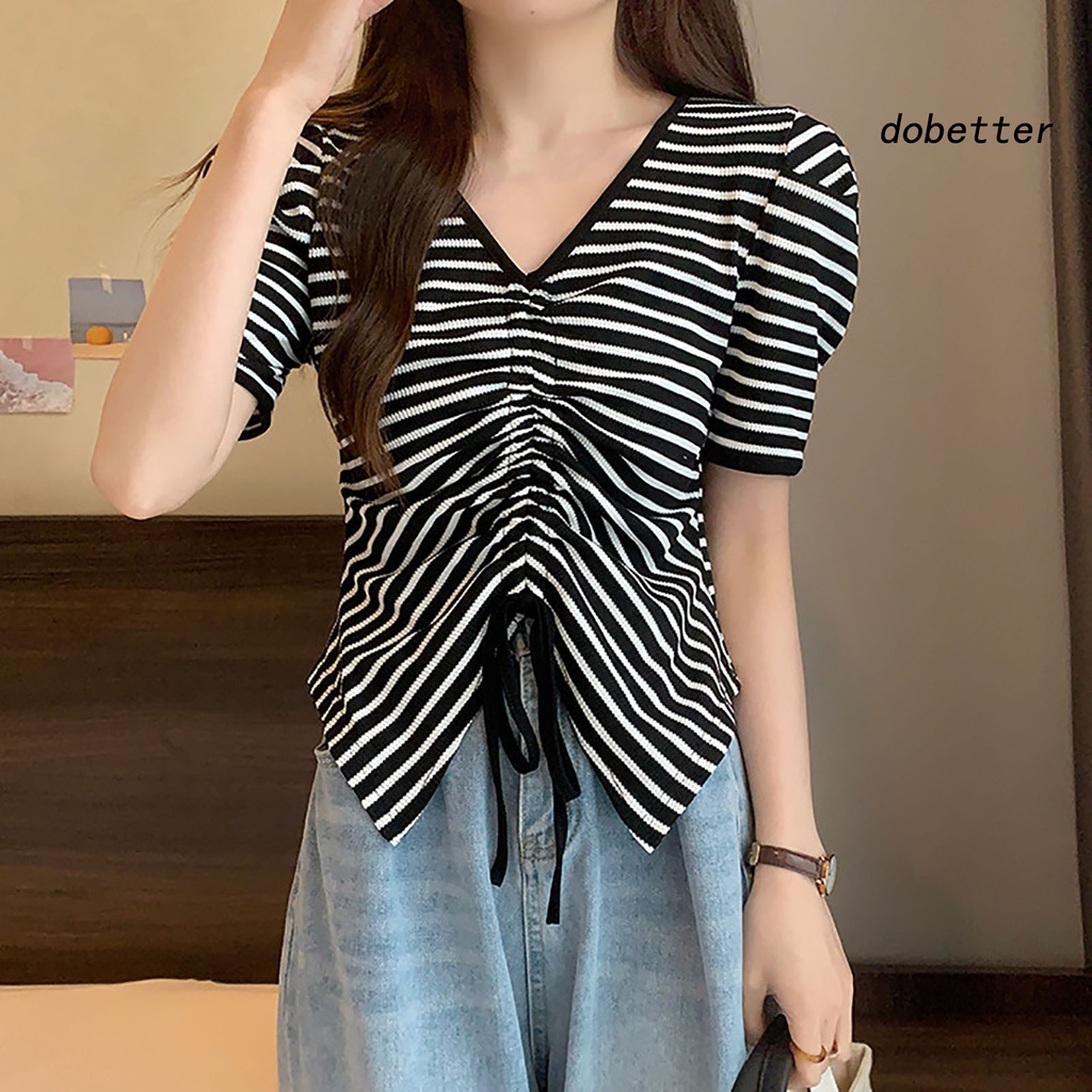 Áo Thun Tay Ngắn Cổ Chữ V Màu Trơn Phối Dây Rút Thời Trang Mùa Hè Cho Nữ