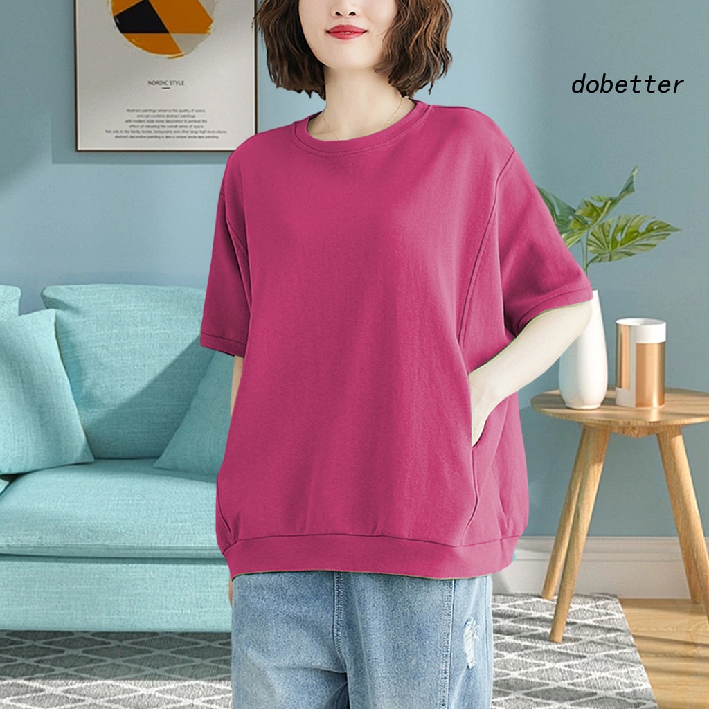 Áo Thun Tay Ngắn Cổ Tròn Hai Túi Dáng Rộng Màu Trơn Thời Trang Mùa Hè Cho Nữ
