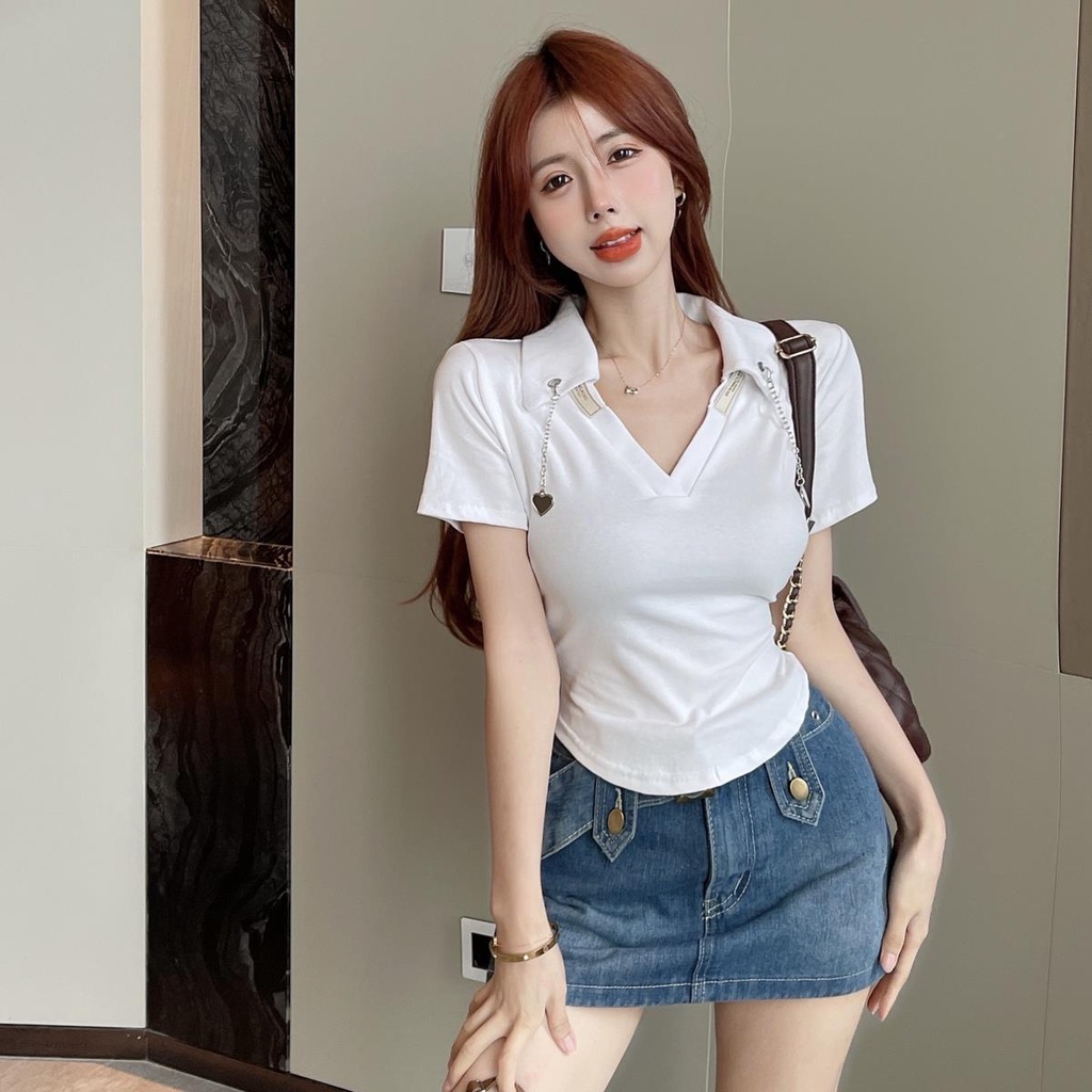 Áo polo Ngắn Tay Màu Trơn Đính Dây Xích Trái Tim Kiểu Hàn Quốc Thời Trang Mùa Hè Cho Nữ