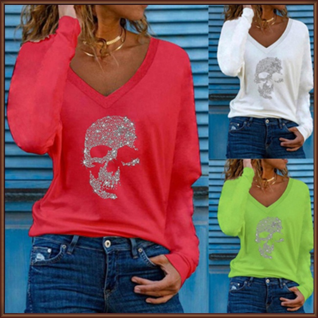 Áo Thun Nữ Tay Dài Cổ Chữ V In Hình Đầu Lâu Thời Trang