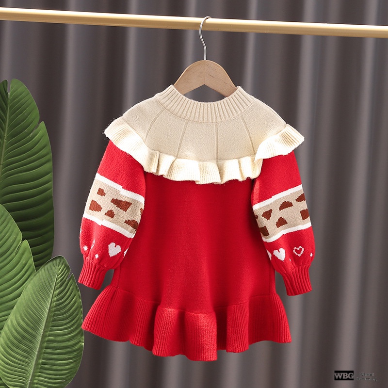 Đầm Len Màu Đỏ Dễ Thương Thời Trang Thu Đông Cho Bé Gái