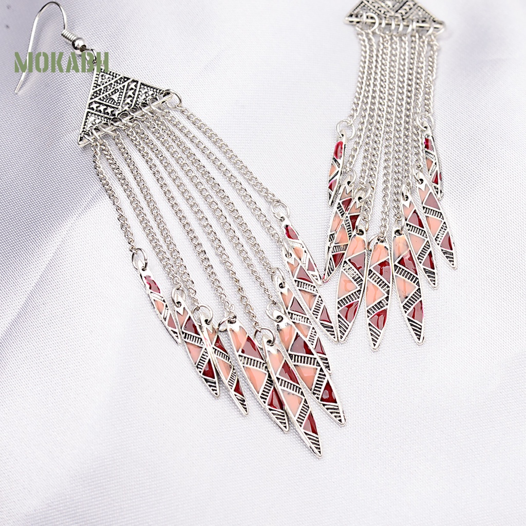 1 Đôi Bông Tai Hình Tam Giác Dạng Móc Tua Rua Dài Phong Cách Vintage