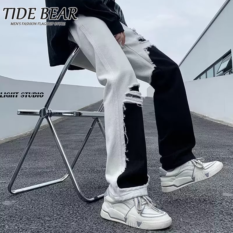 TIDE BEAR Quần Jean Dài Ống Rộng Phối Màu Đen Trắng Phong Cách Đường Phố Mỹ Cá Tính Cho Nam