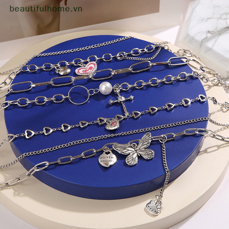 [beautifulhome] Ins net red Vòng cổ Hai Lớp Chuỗi Ngọc Trai Mặt Thánh Giá Và Bướm Trái Tim Nhỏ [Người Đẹp]
