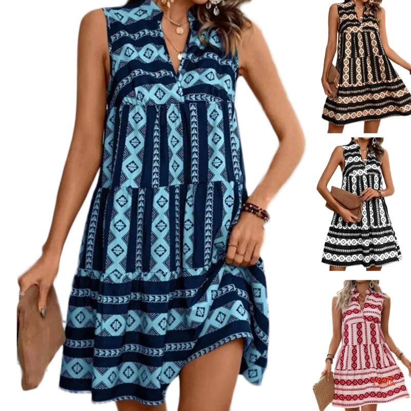 Đầm Mini Sát Nách Cổ Chữ V In Họa Tiết Thời Trang Mùa Hè Cho Nữ