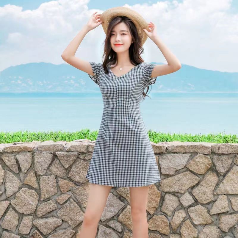 Đầm Nữ Cổ Chữ V Ôm Dáng Họa Tiết Caro Phong Cách Hàn Quốc Thời Trang Mùa Hè Mới