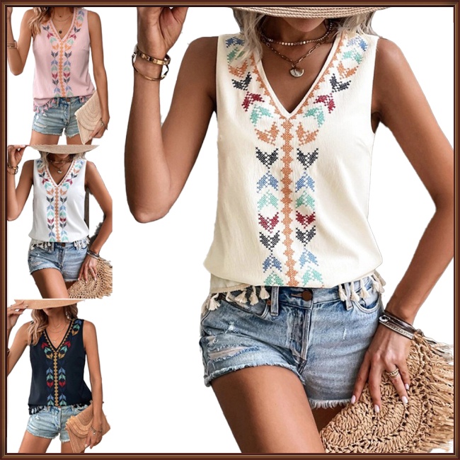 Áo Tank Top Không Tay Cổ Chữ V Viền Tua Rua Thêu Họa Tiết Phong Cách Boho Thời Trang Cho Nữ