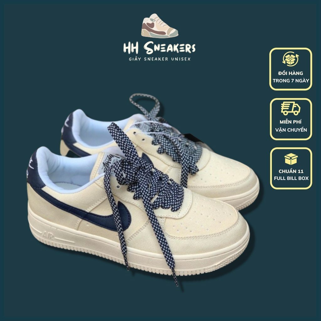 Giày thể thao AF1 canvas navi chuẩn 11 cao cấp, Giày sneaker AF1 canvas vệt xanh navy nam nữ Full Bo