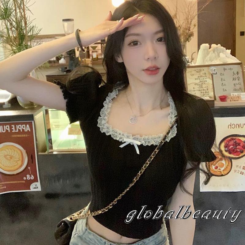 Áo Croptop Cổ Vuông Tay Phồng Phối Ren Thời Trang Mùa Hè Cho Nữ