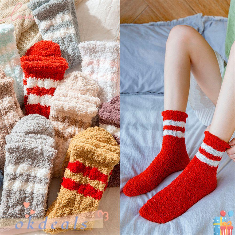 Vớ Ngủ Vải Nhung San Hô Giữ Ấm Mùa Đông Họa Tiết Kẻ Sọc