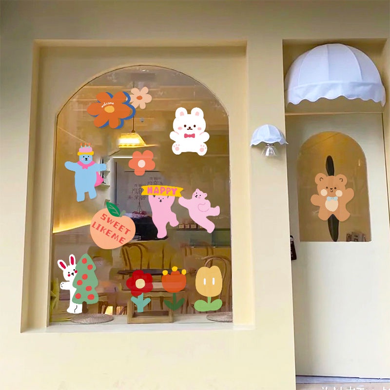Miếng Dán Trang Trí Cửa Kính Họa Tiết Hoạt Hình Đáng Yêu Phong Cách Hàn Quốc