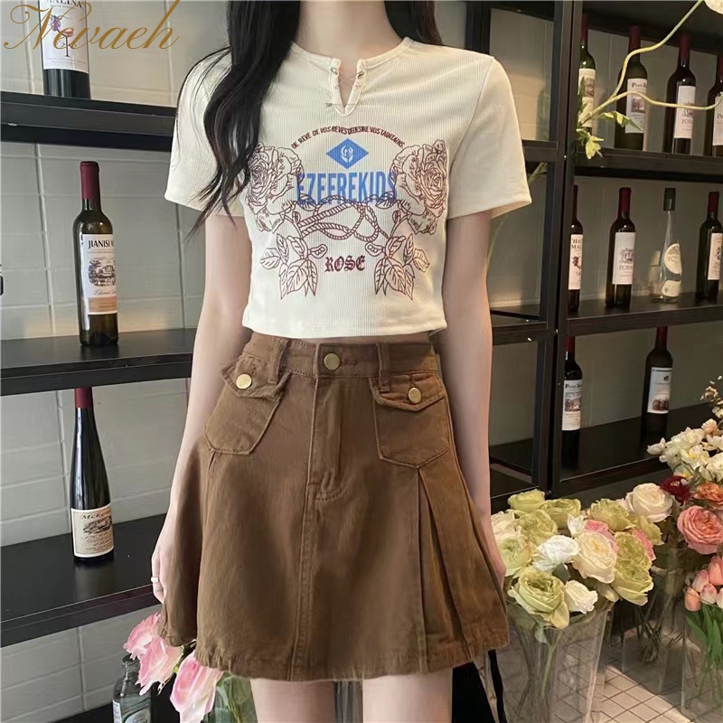 Áo Thun Cổ Tròn Dáng Ôm In Họa Tiết Phong Cách Mỹ Thời Trang Cho Nữ