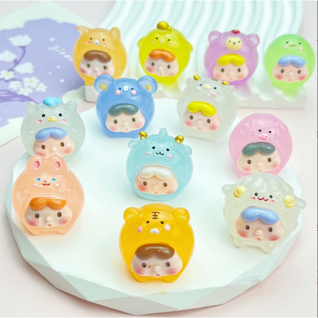 Charm bé đội nón 12 con giáp dạ quang phát sáng decor, DIY