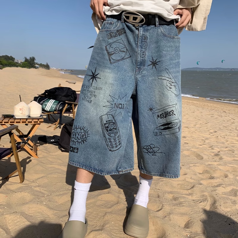 Quần Short Denim R1dge Họa Tiết Graffiti Đường Phố Mỹ Thời Trang Mùa Hè Cho Nam