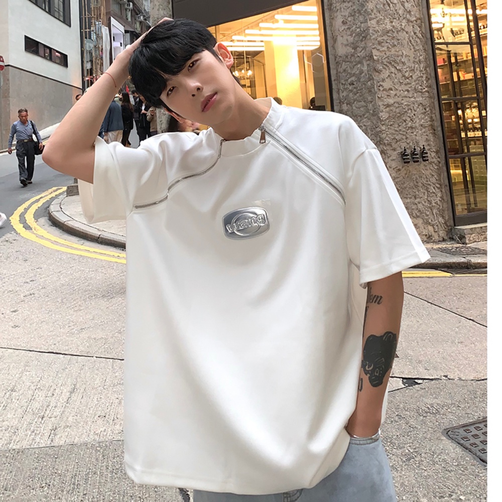 Áo Thun Tay Ngắn Cổ Tròn Dáng Rộng Phối Khóa Kéo Thời Trang Mùa Hè Cho Nam