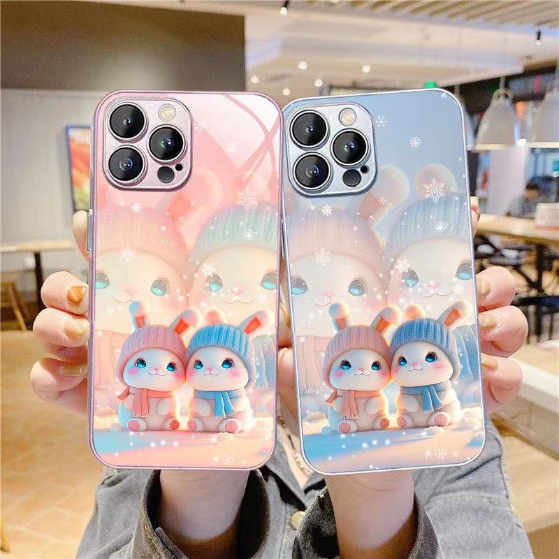 Ốp Điện Thoại Mặt Kính In Hình Thỏ Và Hoa Tuyết Cho Iphone 14 13promax 12 11pro 7 8 Plus Xsmax