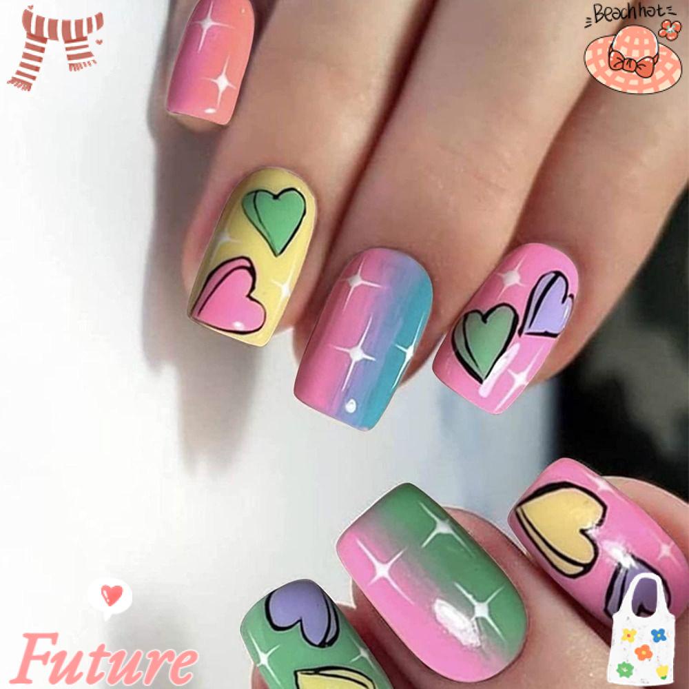 Bộ Móng Tay Giả Dạng Nhấn Họa Tiết Trái Tim DIY