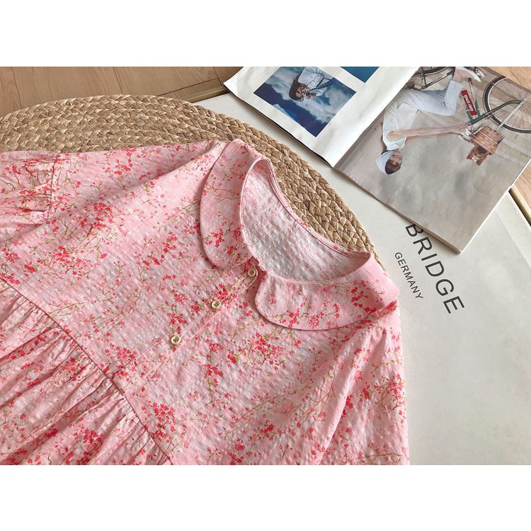 Áo Sơ Mi Vải Lanh cotton Tay Phồng Cổ Búp Bê Họa Tiết Hoa Ngọt Ngào Thời Trang Hàn Quốc
