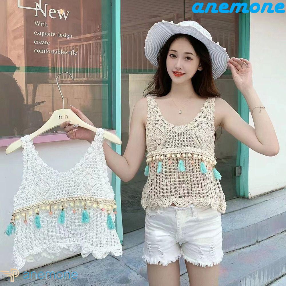 Áo Cotton Dệt Kim Sát Nách Màu Trơn Đính Tua Rua Phong Cách Bohemian Cho Nữ