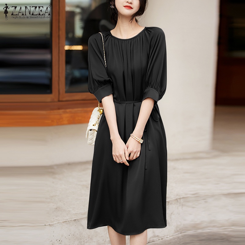 Zanzea Đầm Midi Tay Lửng Cổ Tròn Phong Cách Hàn Quốc Thanh Lịch Dành Cho Nữ