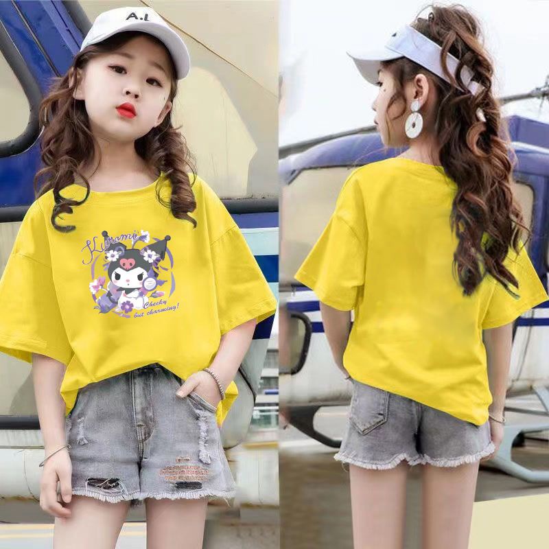 Áo Thun Tay Ngắn Màu Trơn In Số Kuromi Melody Dễ Thương Thời Trang Mùa Hè Cho Bé Gái 100-160 Tuổi 2023