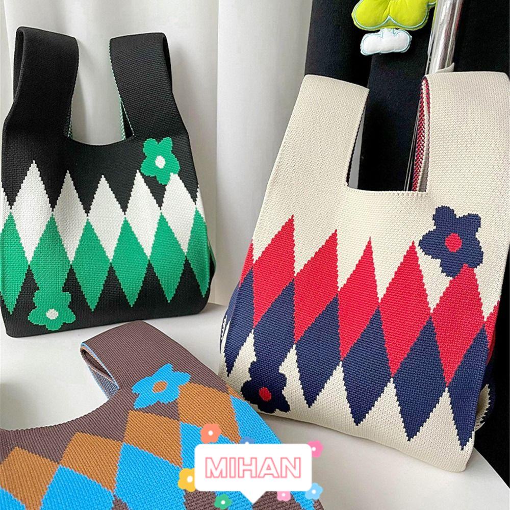 MIHAN1 Túi Xách Đan Len Thủ Công Họa Tiết Hoa Xinh Xắn MIHAN1