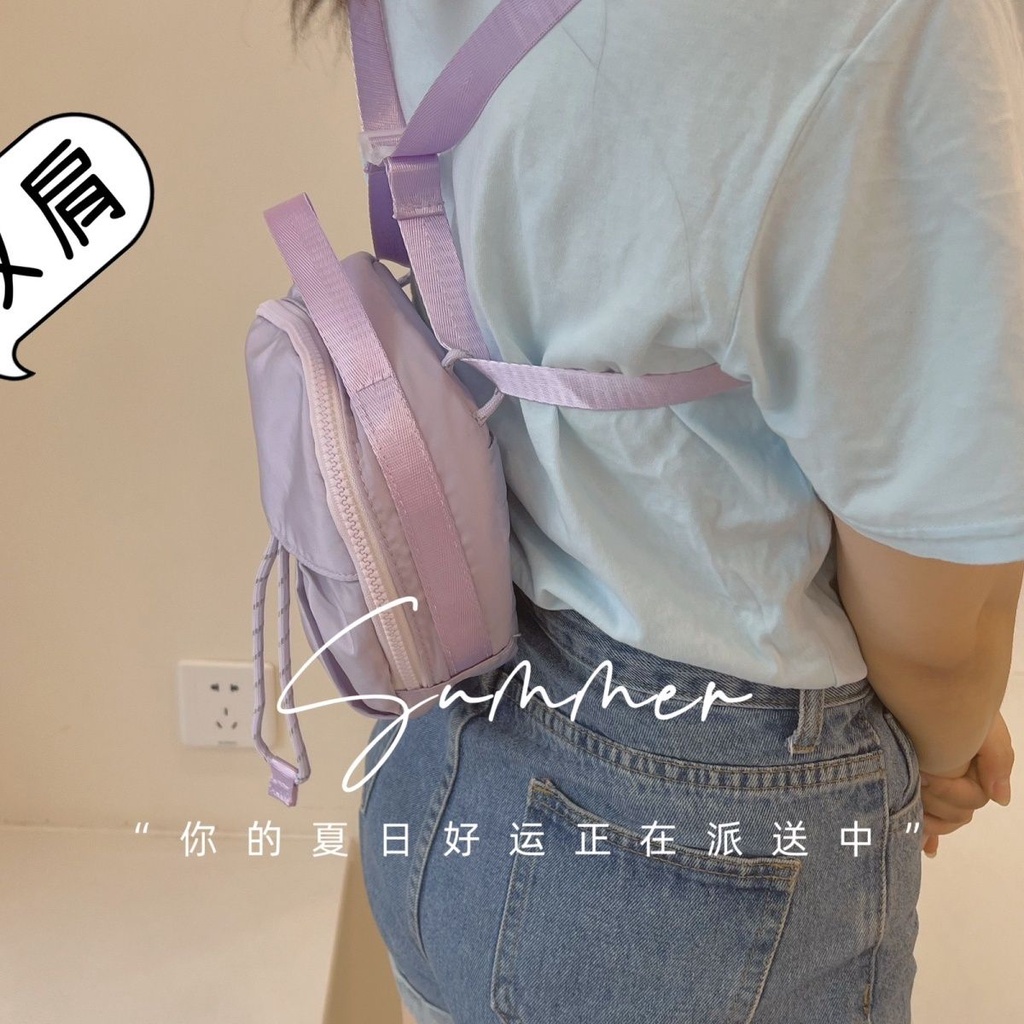 Túi Đeo Chéo Dây Rút Dáng Tròn Nhỏ Vải Nilon Màu Tím Thời Trang Cao Cấp