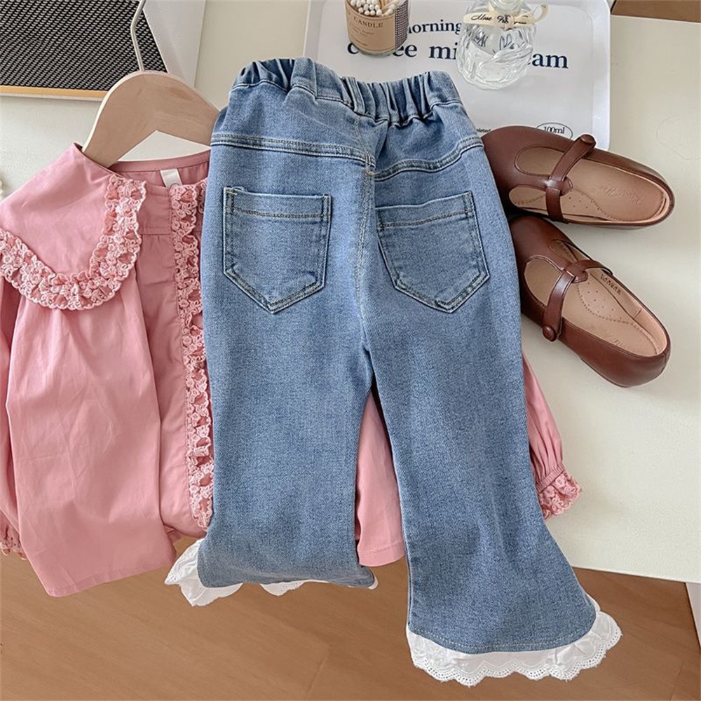 BEAR LEADER Set Đồ Mùa Hè 2 Món Gồm Áo Sơ Mi Tay Dài Cổ Búp Bê Màu Hồng + Quần Jeans Viền Hoa Màu Trơn Cho Bé Gái 2-6 Tuổi