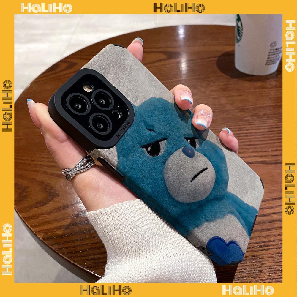 Ốp Lưng iPhone 11 Vỏ Da Veneer Màu Xám Vỏ Lông Học Trò Vỏ Mềm Chống Sốc Hình Gấu Xanh Dễ Thương Tương thích với iPhone 14 Pro max 13 Pro max 12 Pro Max XR XS 6Plus 7Plus 8Plus