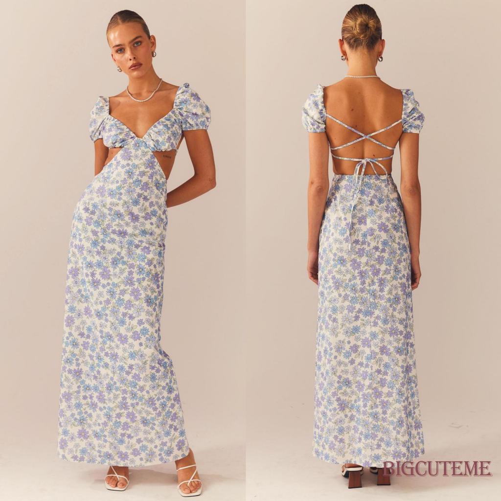 Đầm Dài Tay Ngắn Hở Lưng Họa Tiết Hoa Thời Trang Mùa Hè Cho Nữ