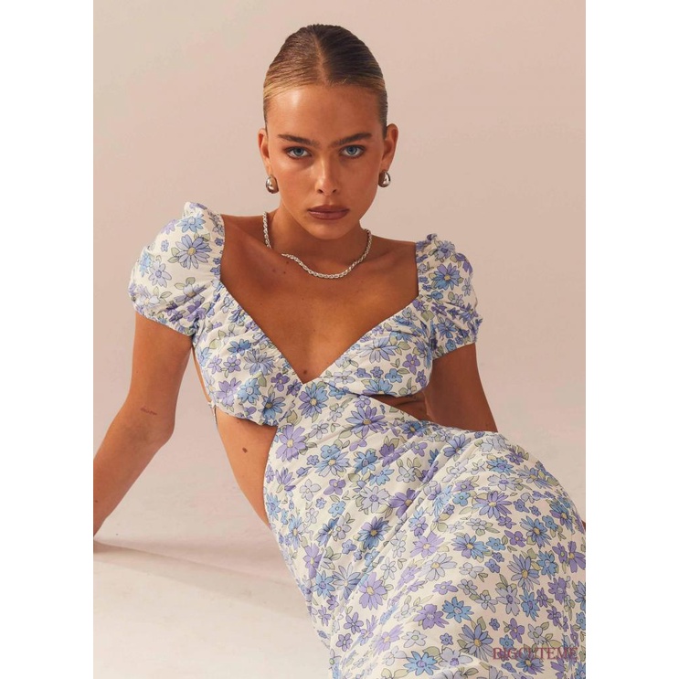 Đầm Dài Tay Ngắn Hở Lưng Họa Tiết Hoa Thời Trang Mùa Hè Cho Nữ