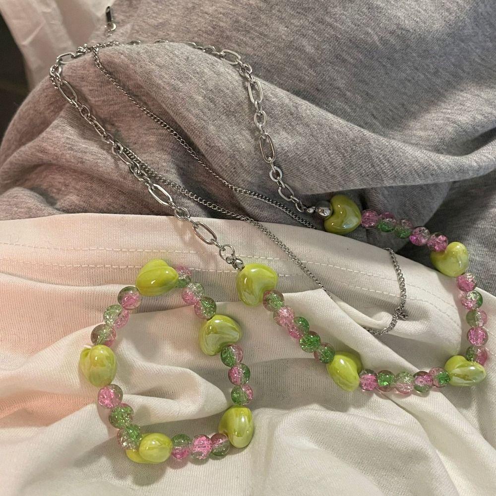 Vòng Cổ Hạt Thủy Tinh Y2K Hình Trái Tim Dễ Thương Có Thể Điều Chỉnh Cho Nữ