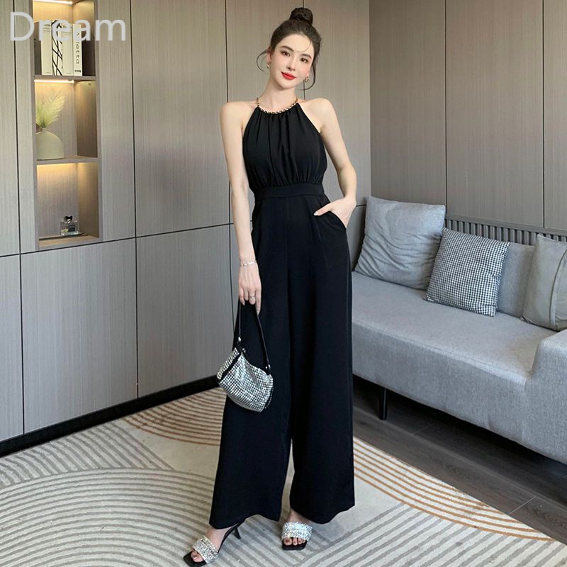 Design sense black gold chain hanging neck jumpsuit women's black leg long wide leg trousers