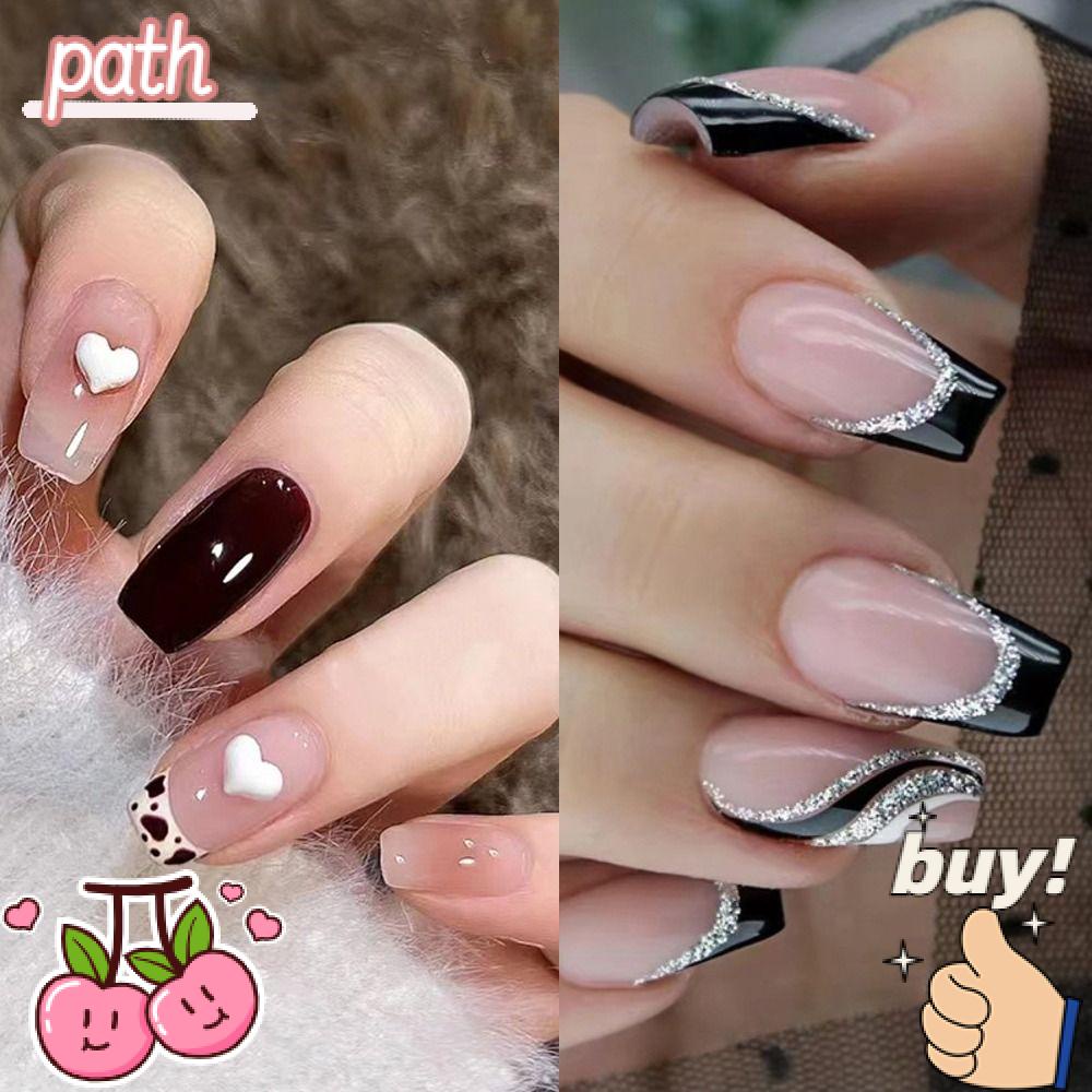 PATH Bộ 24 Móng Tay Giả Che Phủ Toàn Diện Họa Tiết Trái Tim Kiểu Pháp Dễ Thương