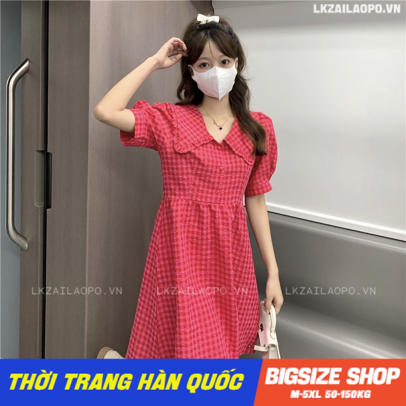 Đầm kẻ sọc caro Bigsize Váy nữ dáng suông tay ngắn cổ bèo màu đỏ mùa hè Phong cách Hàn Quốc Thời Trang tiểu thư cá tính xinh đẹp cho người mập béo