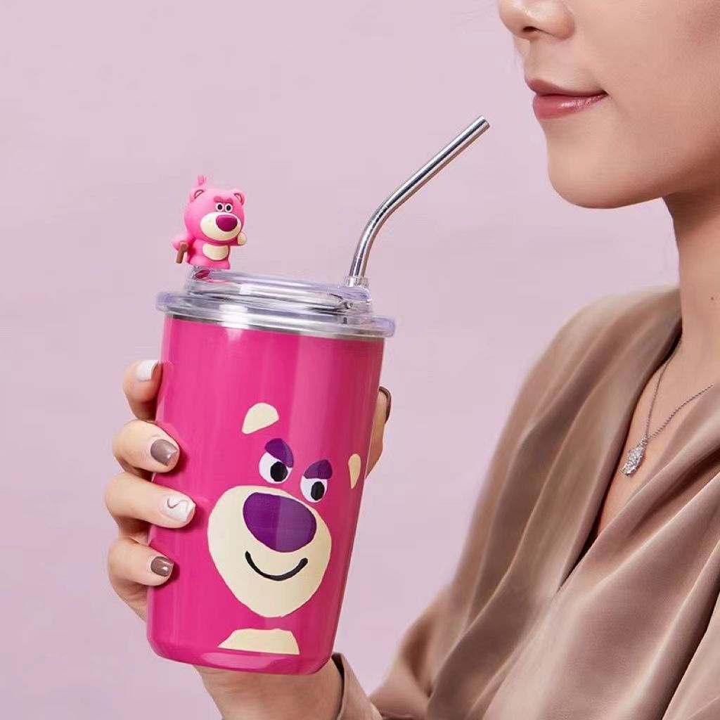 Cốc Uống Nước Hai Lớp Sức Chứa Lớn Bằng Thép Không Gỉ 304 Họa Tiết Hoạt Hình Gấu Dâu Tây