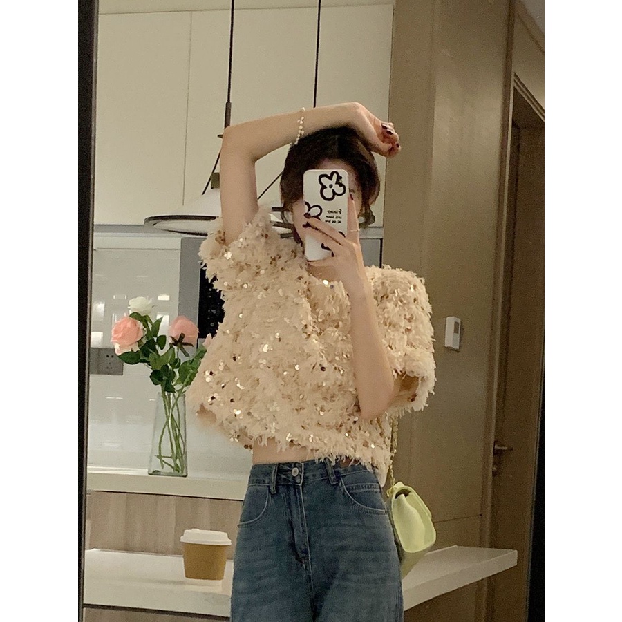 Áo Thun Ngắn Tay Đính Kim Sa Lấp Lánh Thời Trang Cho Nữ