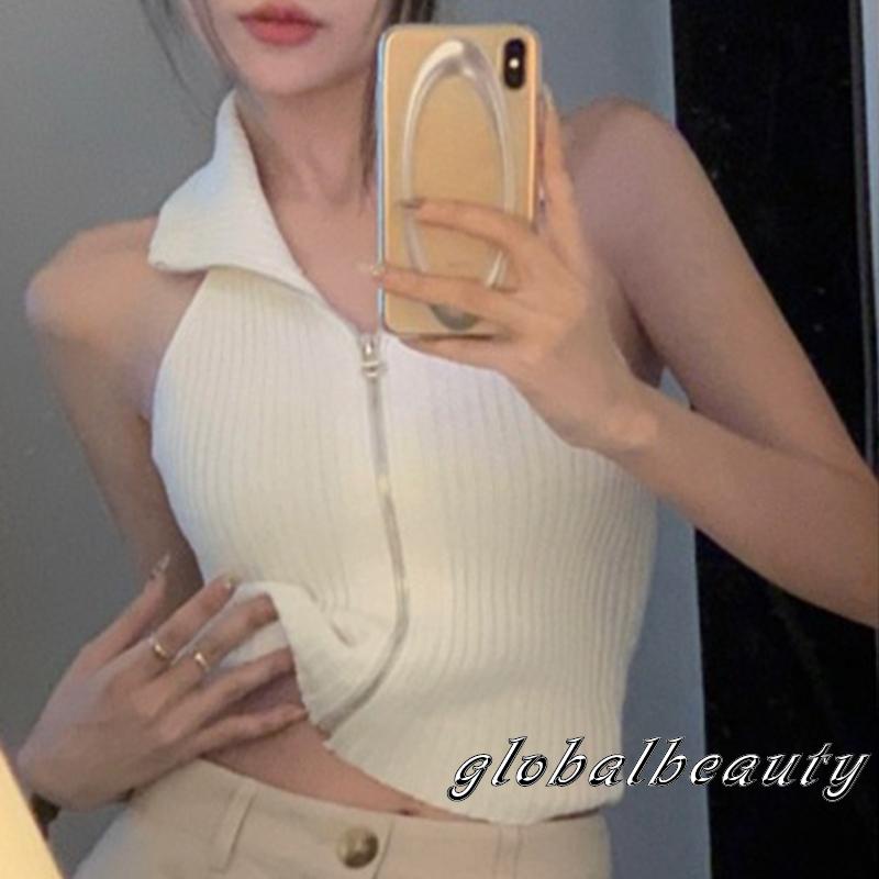 Áo Croptop Dệt Kim Sát Nách Màu Sắc Đơn Giản Phối Khóa Kéo Thời Trang Mùa Hè Cho Nữ