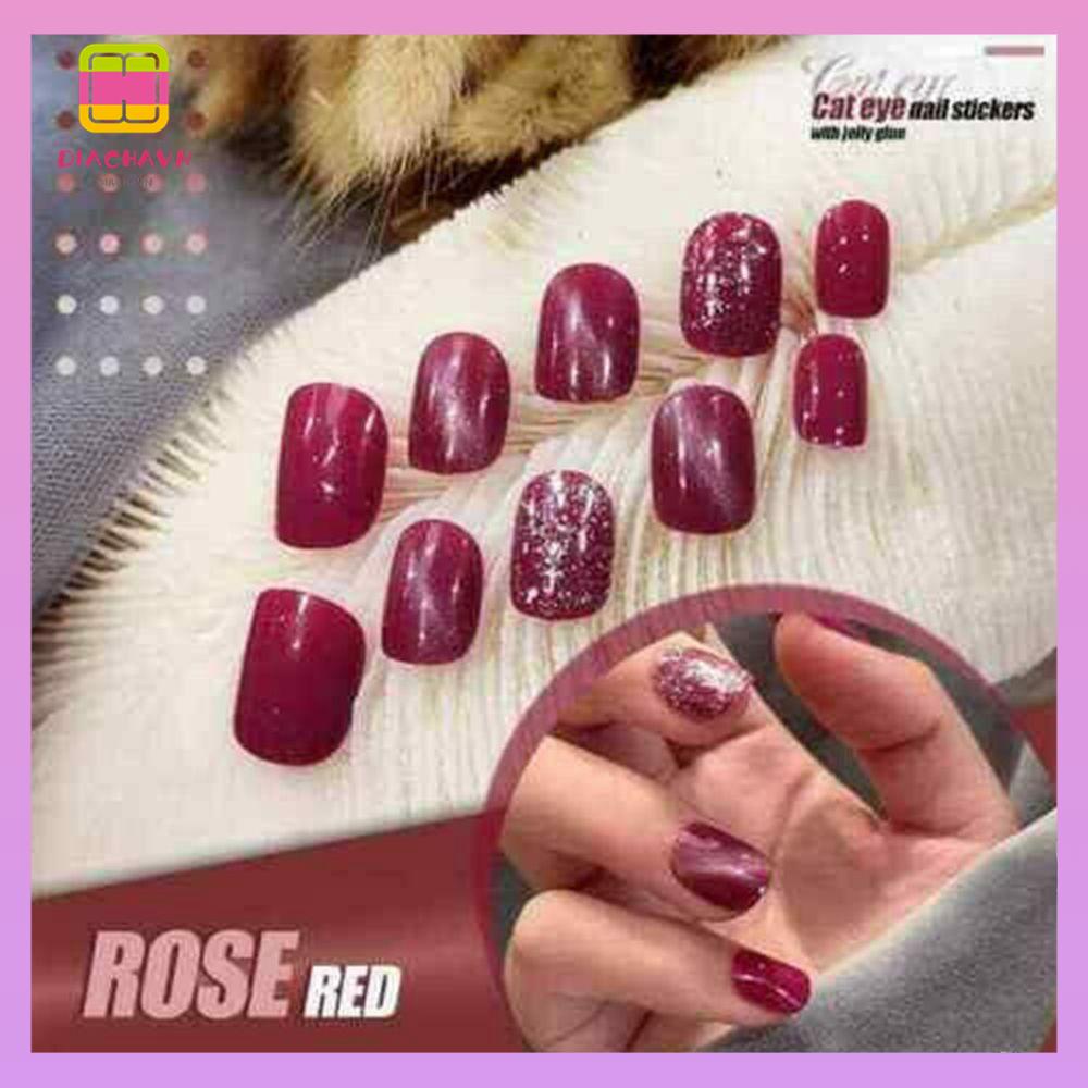 DIACHAVN Hộp 24 Móng Tay Giả Che Phủ Toàn Diện Họa Tiết Mắt Mèo Lấp Lánh