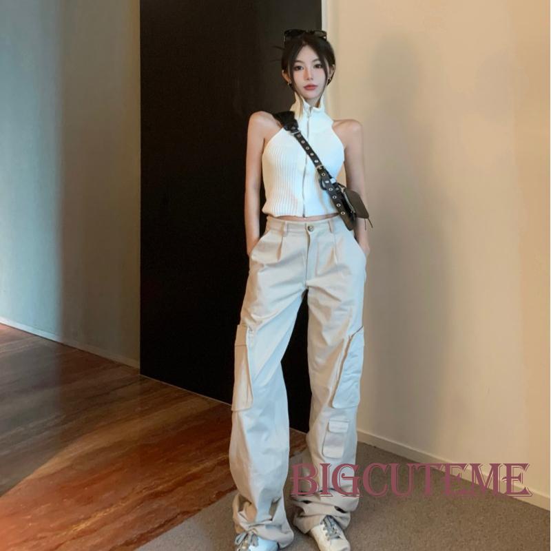 Áo Croptop Dệt Kim Màu Sắc Đơn Giản Không Tay Phối Khóa Kéo Thời Trang Mùa Hè Cho Nữ