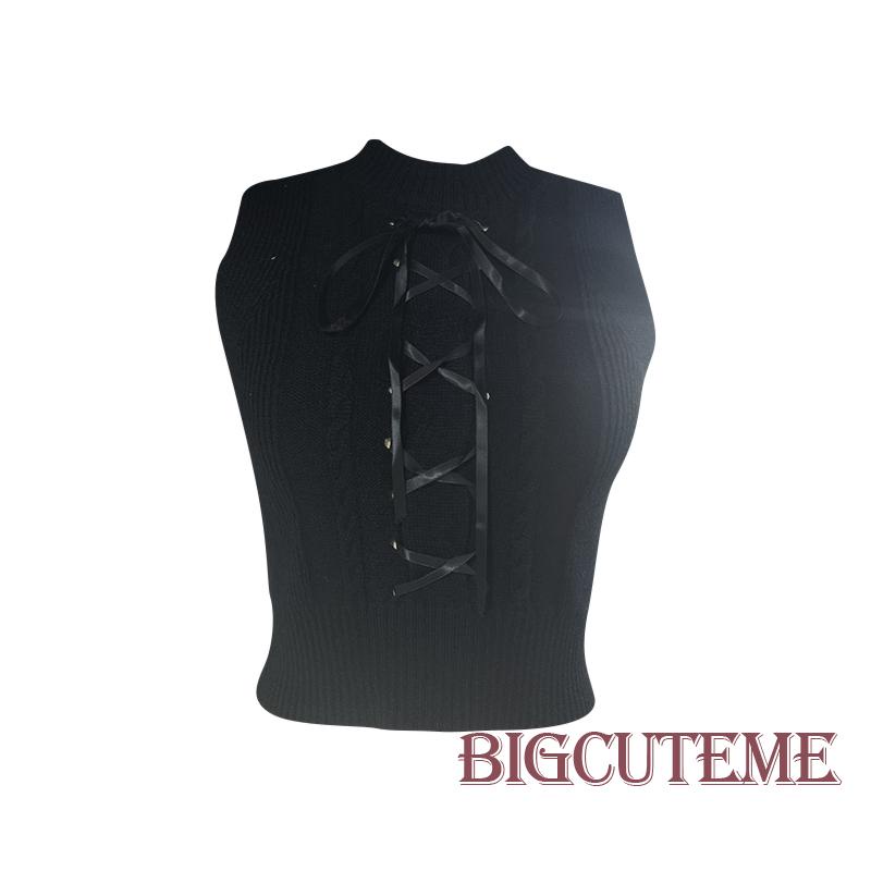 [] - Áo Tank Top Dệt Kim Không Tay Ôm Dáng Màu Trơn Cổ Tròn Buộc Dây Chéo Mùa Hè Đường Phố Cho Nữ