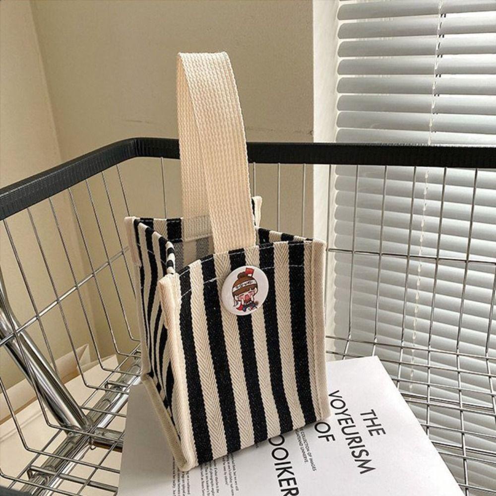 FALLFORBEAUTY Túi Xách Vải Canvas Tay Cầm Ngắn Họa Tiết Hoạt Hình Kẻ Sọc Đơn Giản Dành Cho Đi Du Lịch