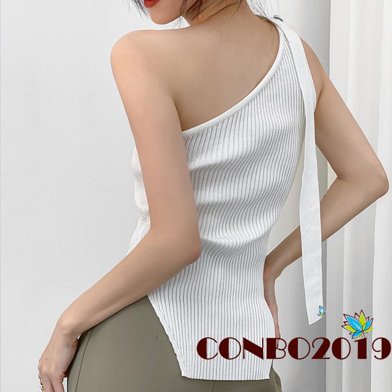 Hgm- Áo Tank Top Hai Dây Dệt Kim Viền Gân Không Đều Màu Trơn Cho Nữ