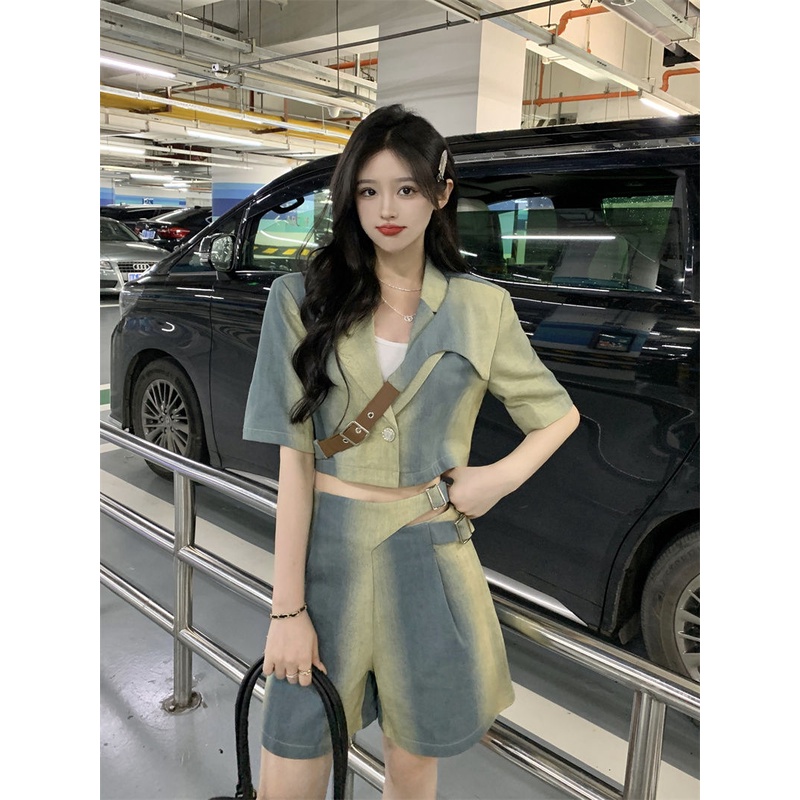 Sugemiusi Bộ Áo Sơ Mi Ngắn Tay + Quần Short Denim Ống Rộng Phong Cách Đường Phố Thời Trang Mùa Hè 2023 Mới