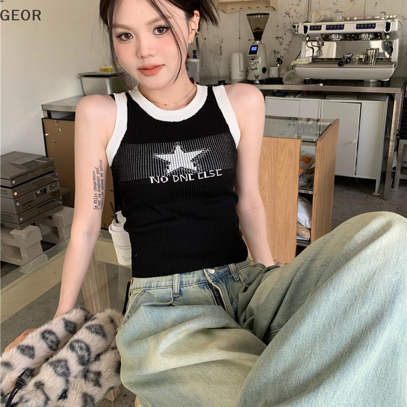 Geor Áo Dệt Kim Không Tay Cổ Tròn Dáng Ôm In Hình Ngôi Sao Phong Cách vintage Thời Trang Mùa Hè Dành Cho Nữ