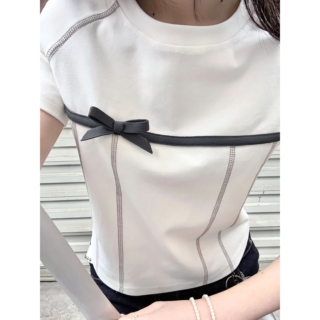 Áo Thun Ba Chiều Tay Ngắn Dáng Rộng Thắt Nơ Dễ Thương Thời Trang Mùa Hè Cho Nữ