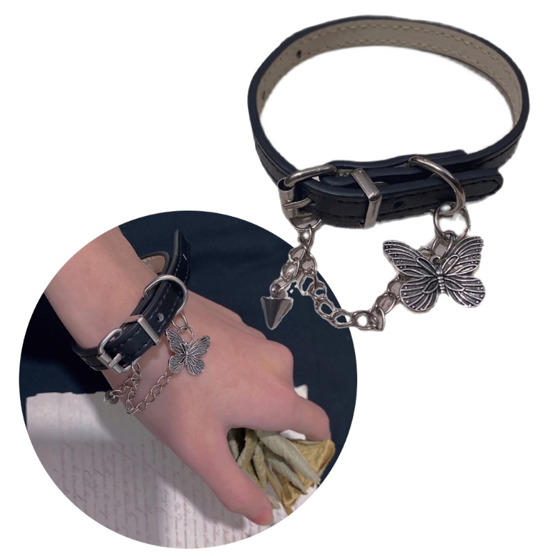 King cool hip hop butterfly chain choker y2k rivet hand chain vòng tay pu có thể điều chỉnh